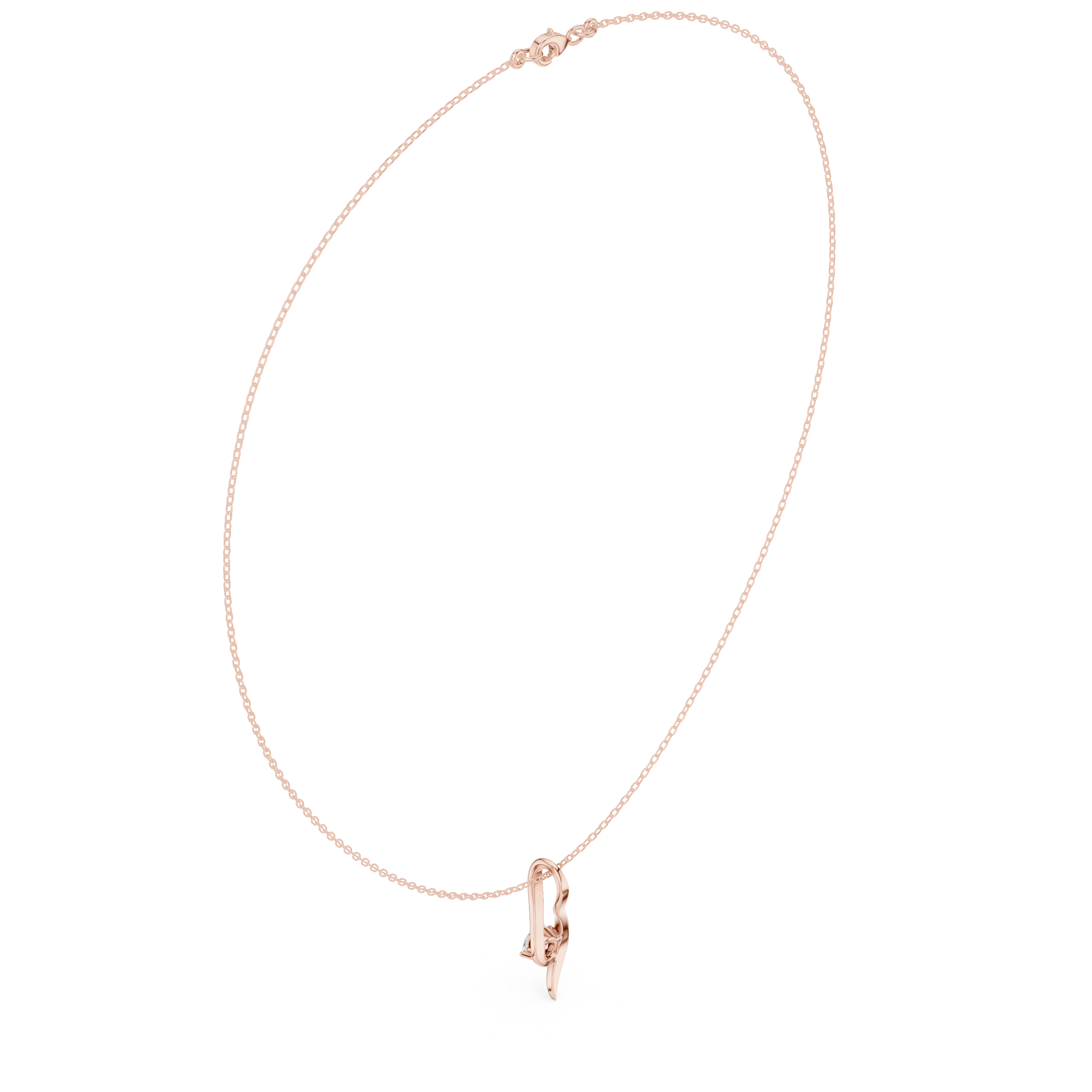 Rose-gold wave solitaire diamond pendant with round center stone and cable chain