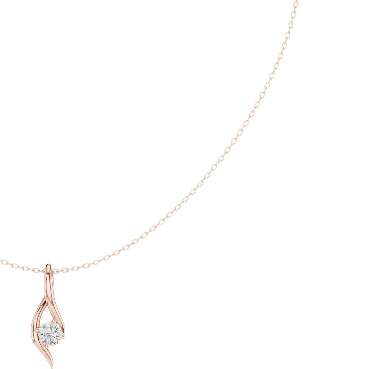 Rose-gold wave solitaire pendant with round diamond in prongs, close-up