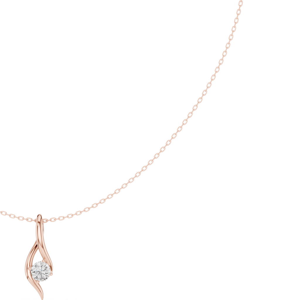 Rose-gold wave solitaire pendant with round diamond in prongs, close-up