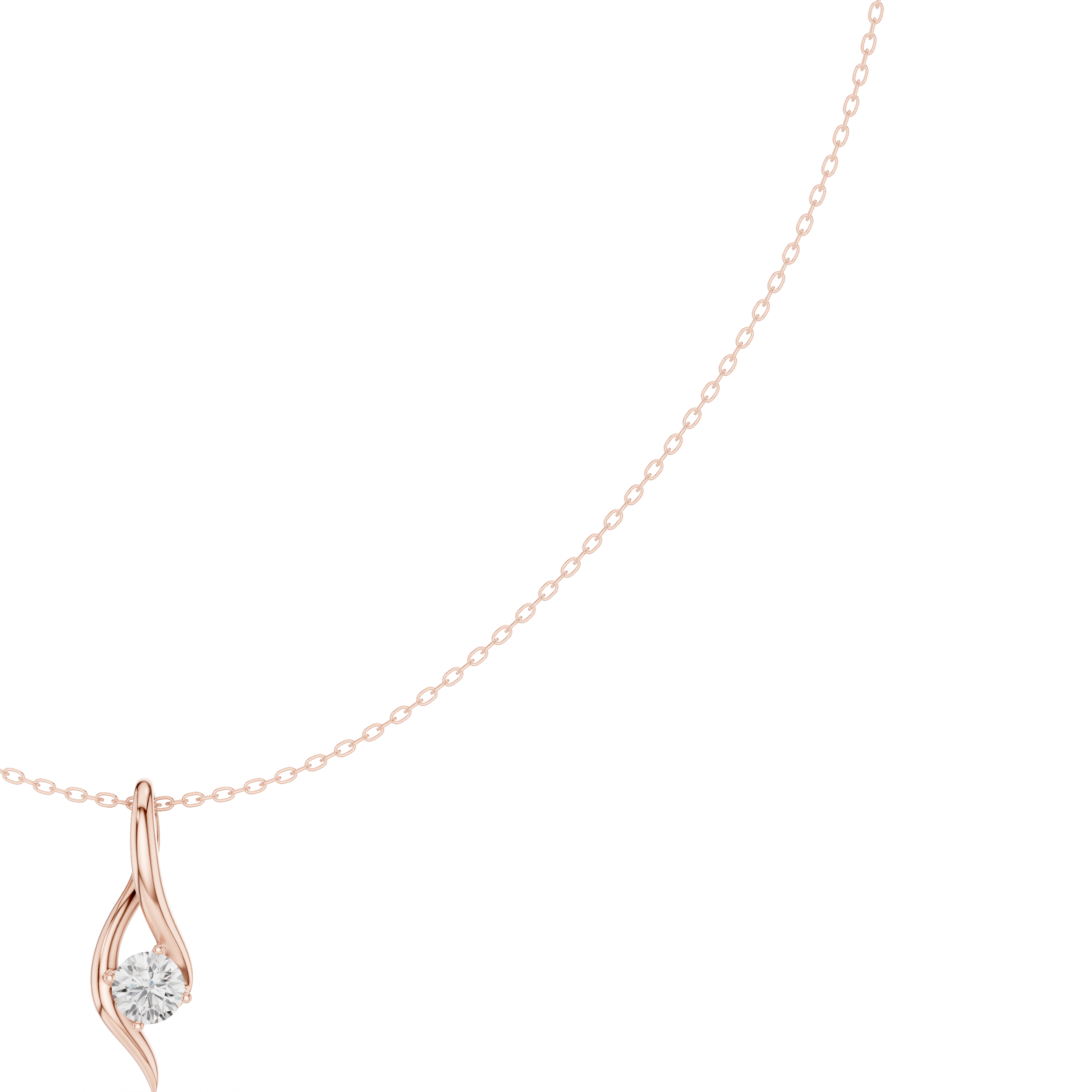 Rose-gold wave solitaire pendant with round diamond in prongs, close-up