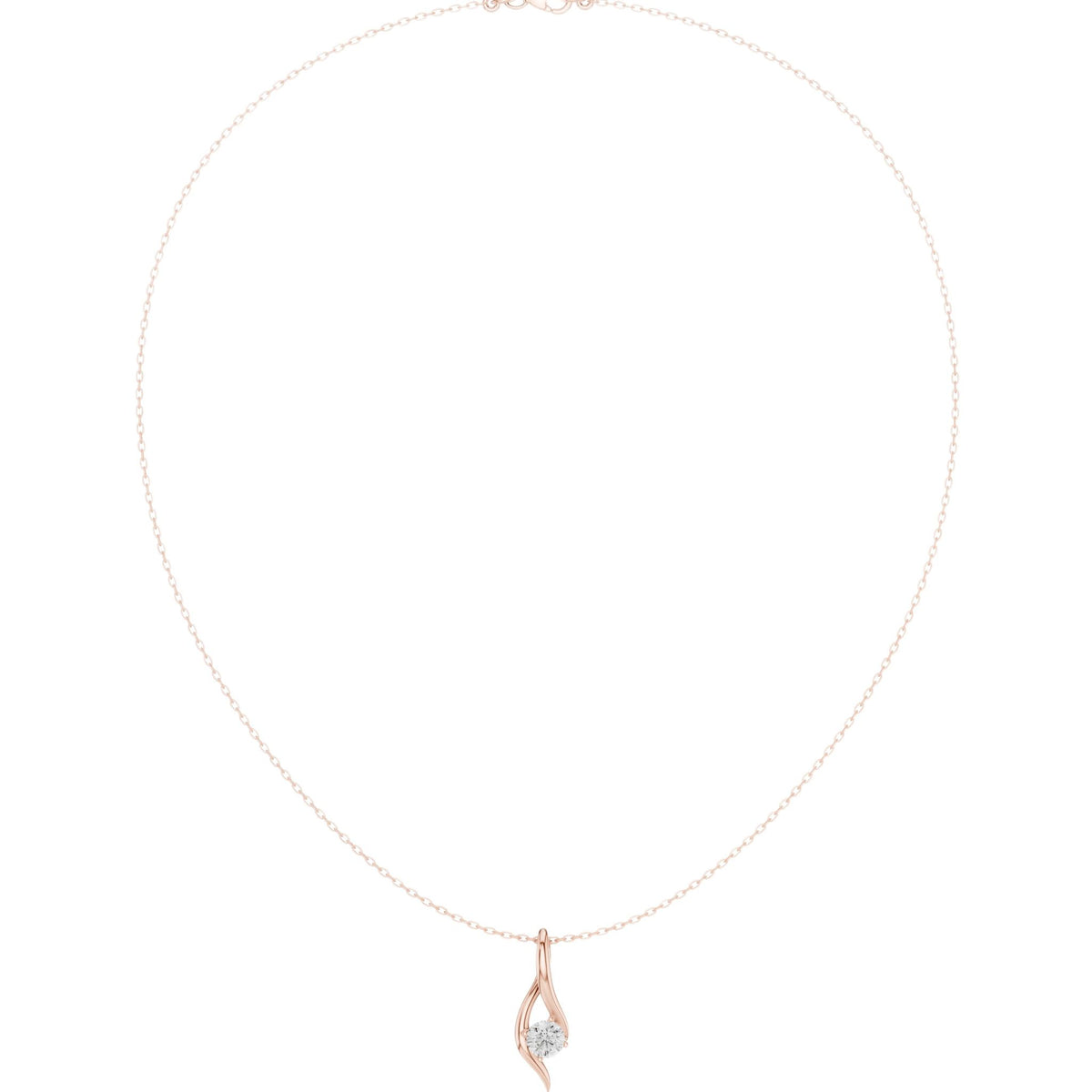 Rose-gold wave solitaire diamond pendant with round center stone and cable chain