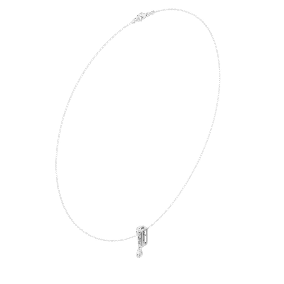 Pear diamond pendant with an elongated center stone on a white-metal chain, angled view