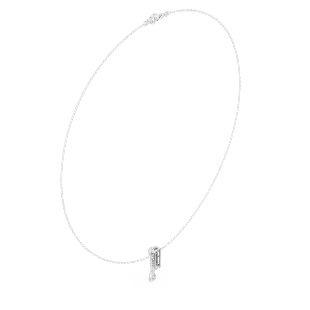 White gold pear diamond pendant necklace, close-up of teardrop center stone