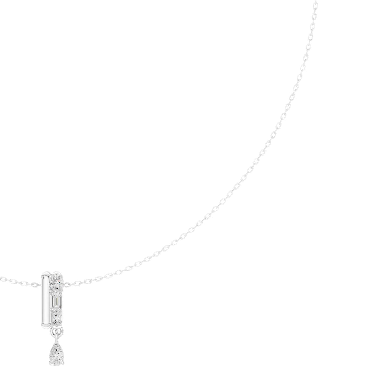 Pear diamond pendant on a white-metal chain with a prong-set elongated center stone