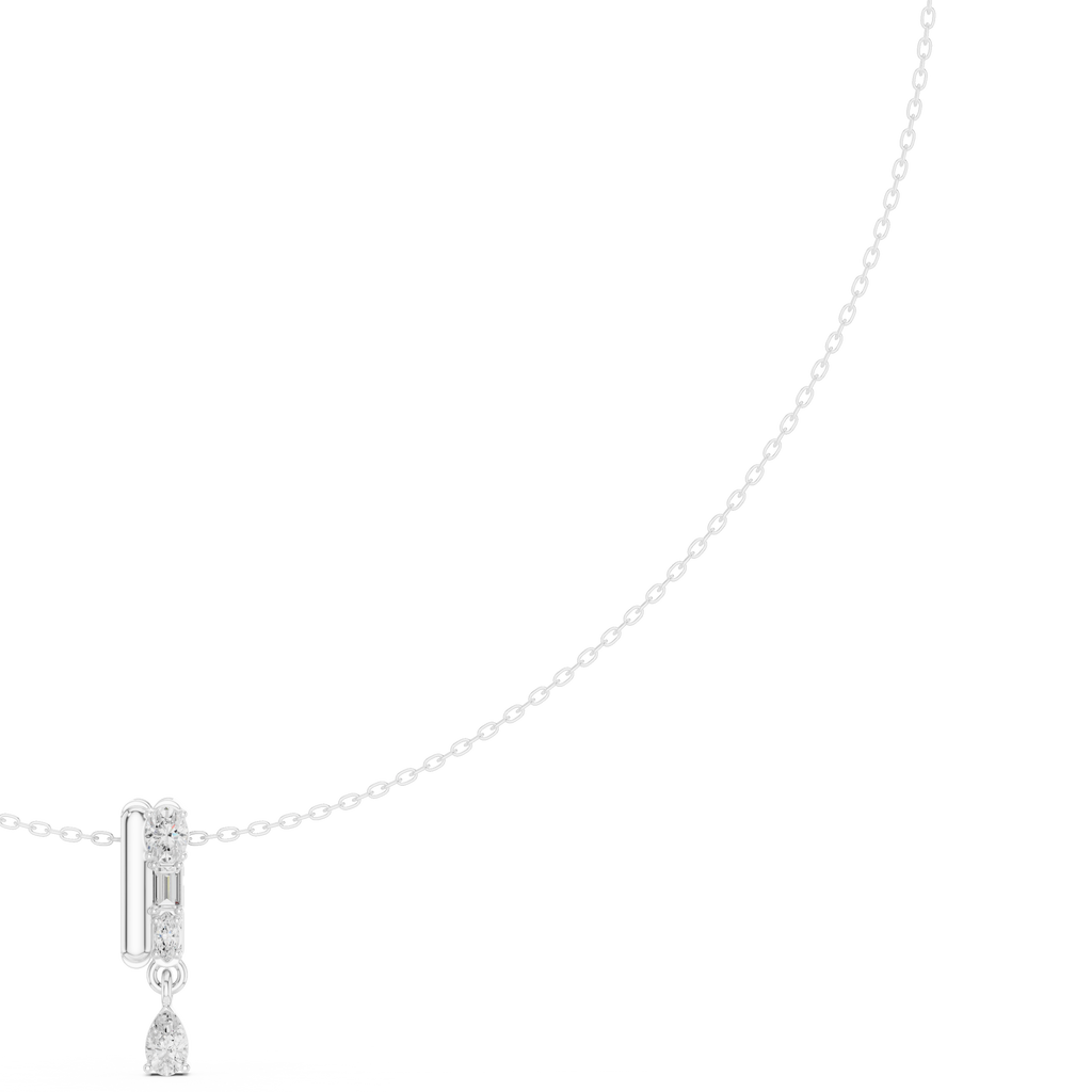 White gold pear diamond pendant necklace with teardrop center stone, close-up