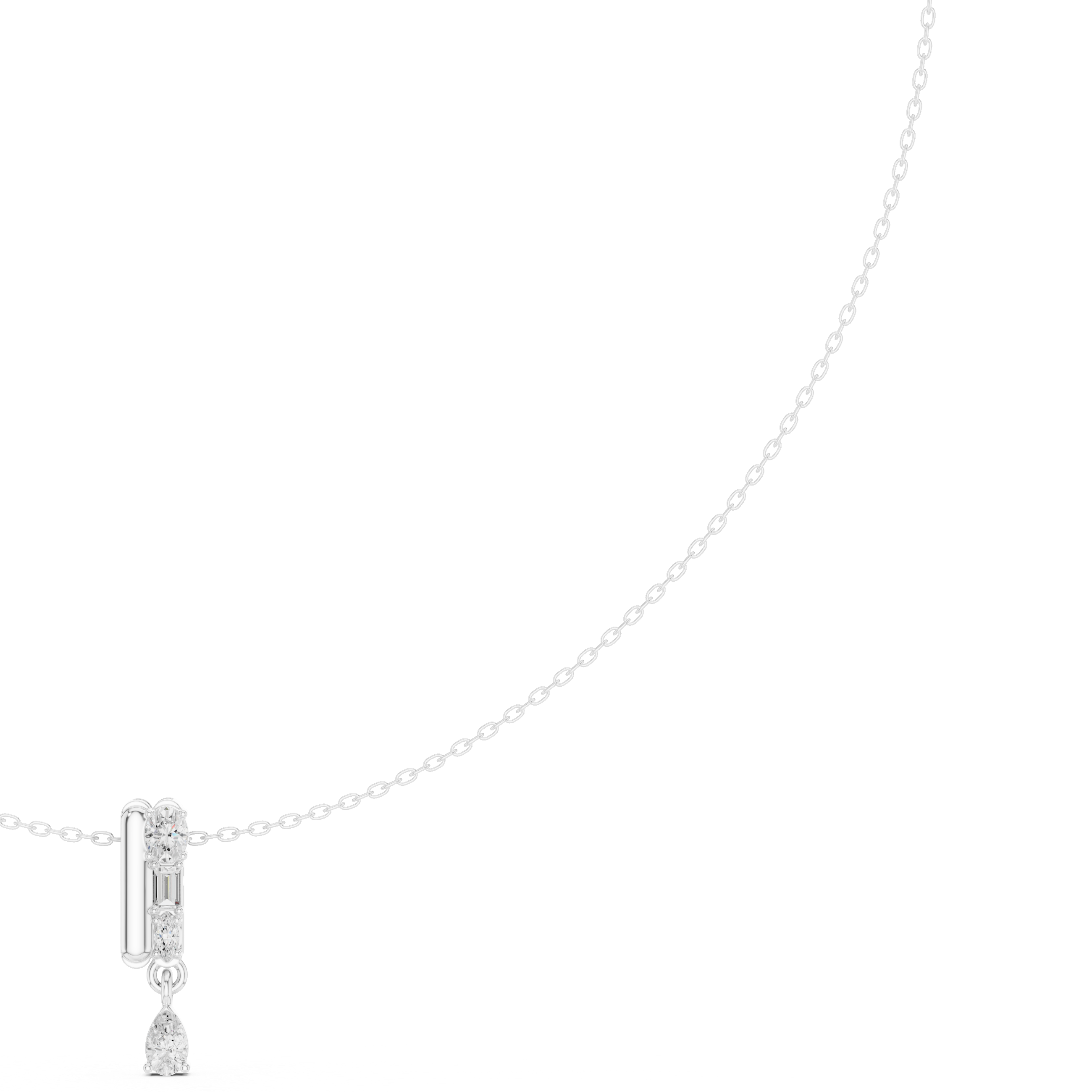 White gold pear diamond pendant necklace with teardrop center stone, close-up