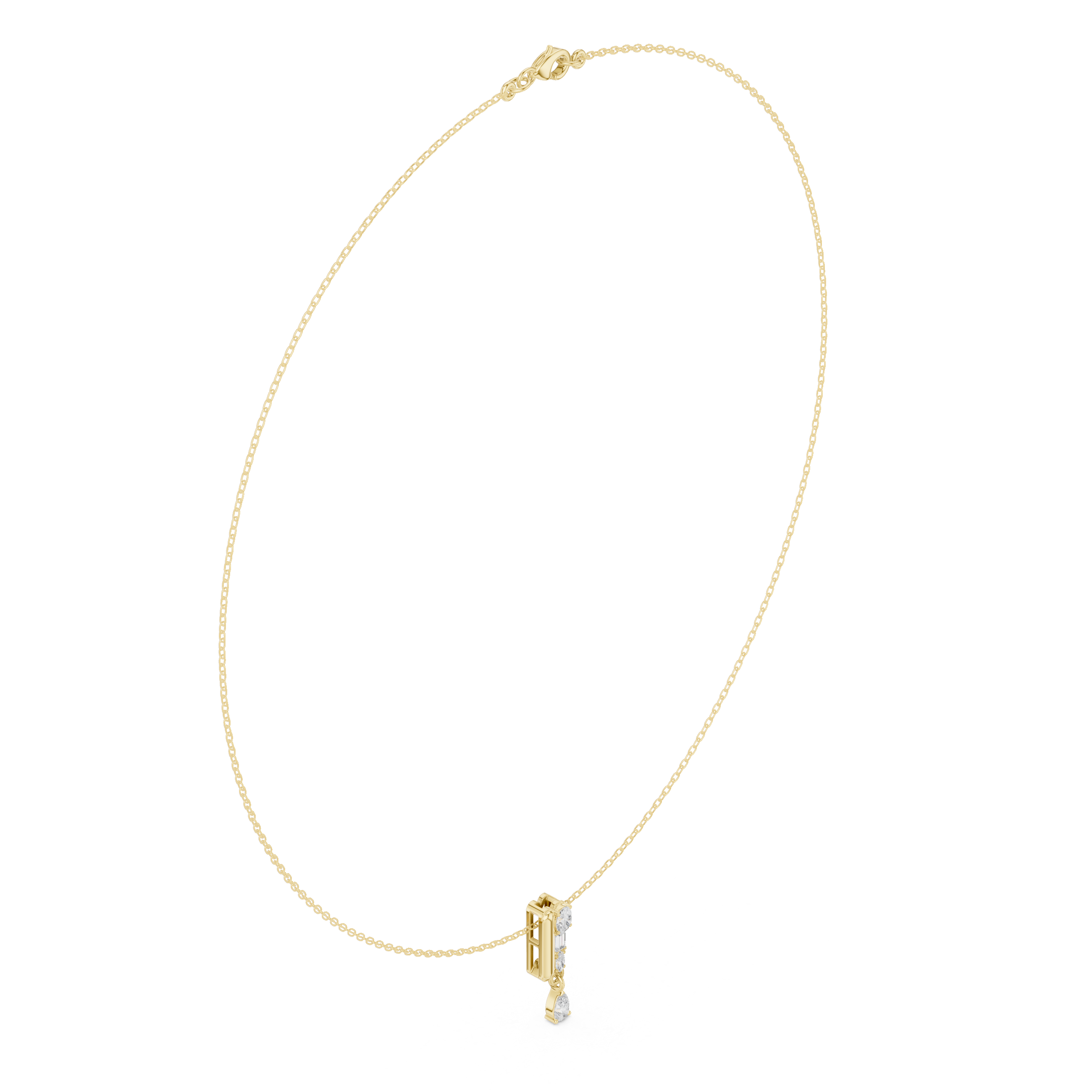 Yellow gold pear diamond pendant necklace, close-up of teardrop center stone