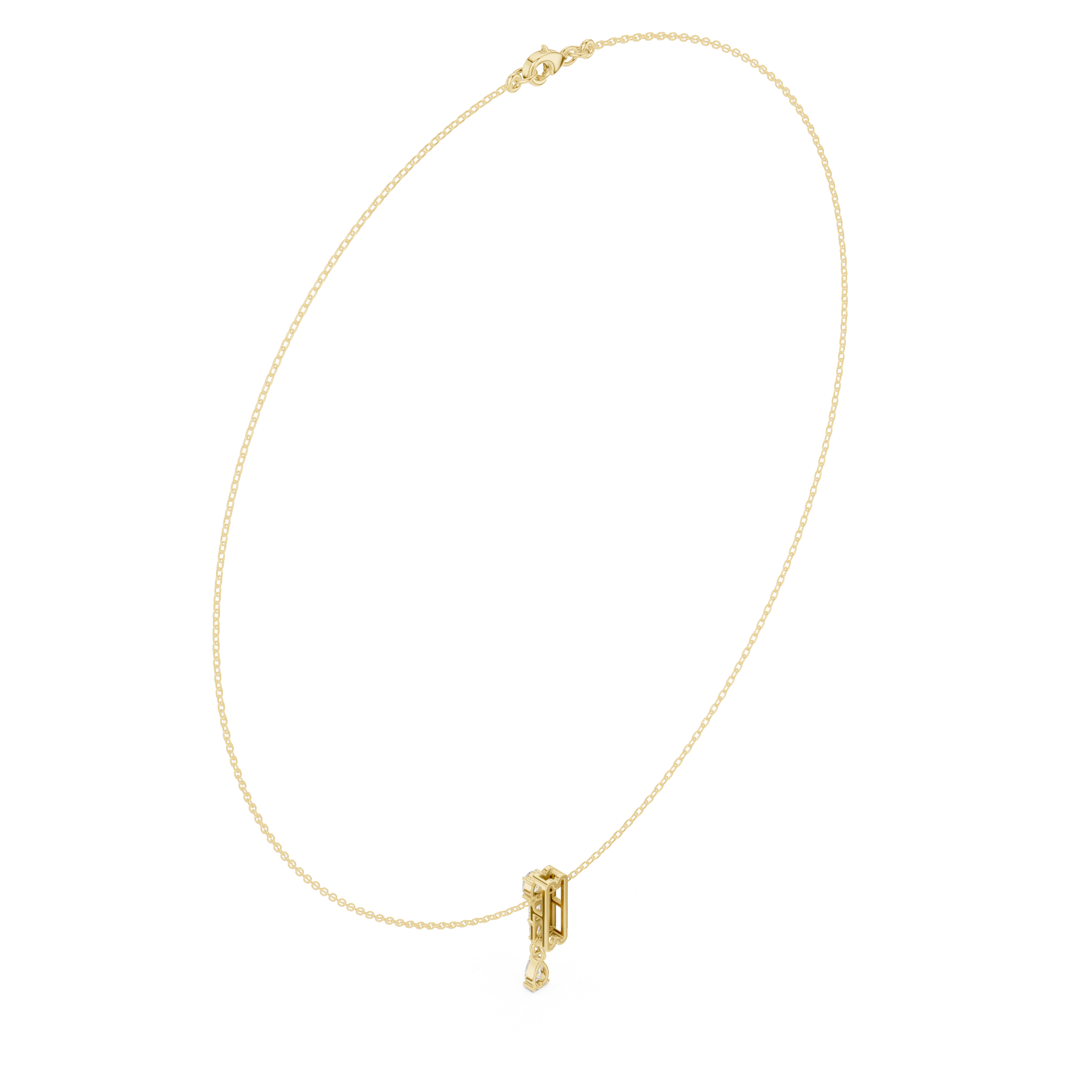 Yellow gold pear diamond pendant necklace, angled view of teardrop center stone