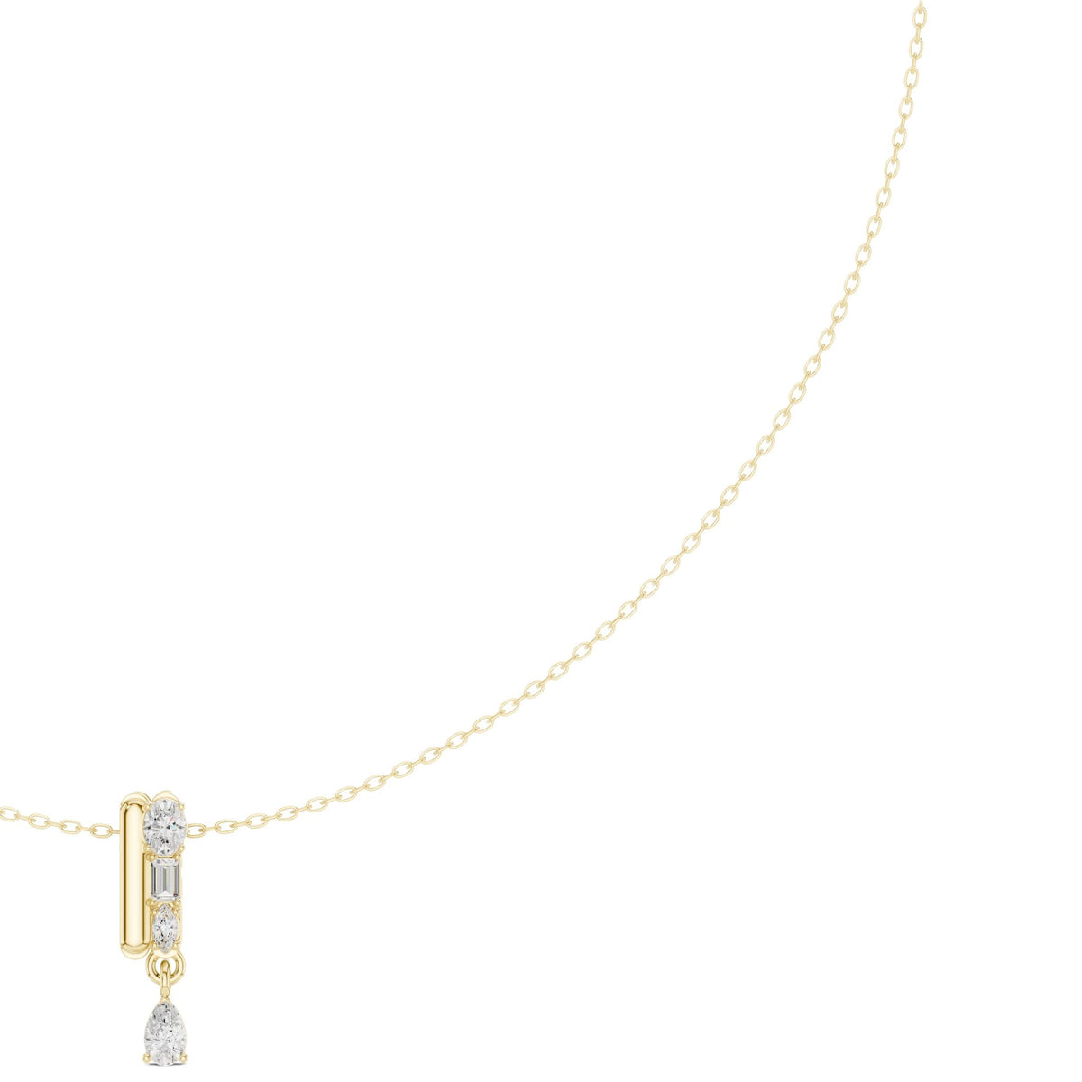 Yellow gold diamond pendant necklace with pear-shaped teardrop center stone, close-up