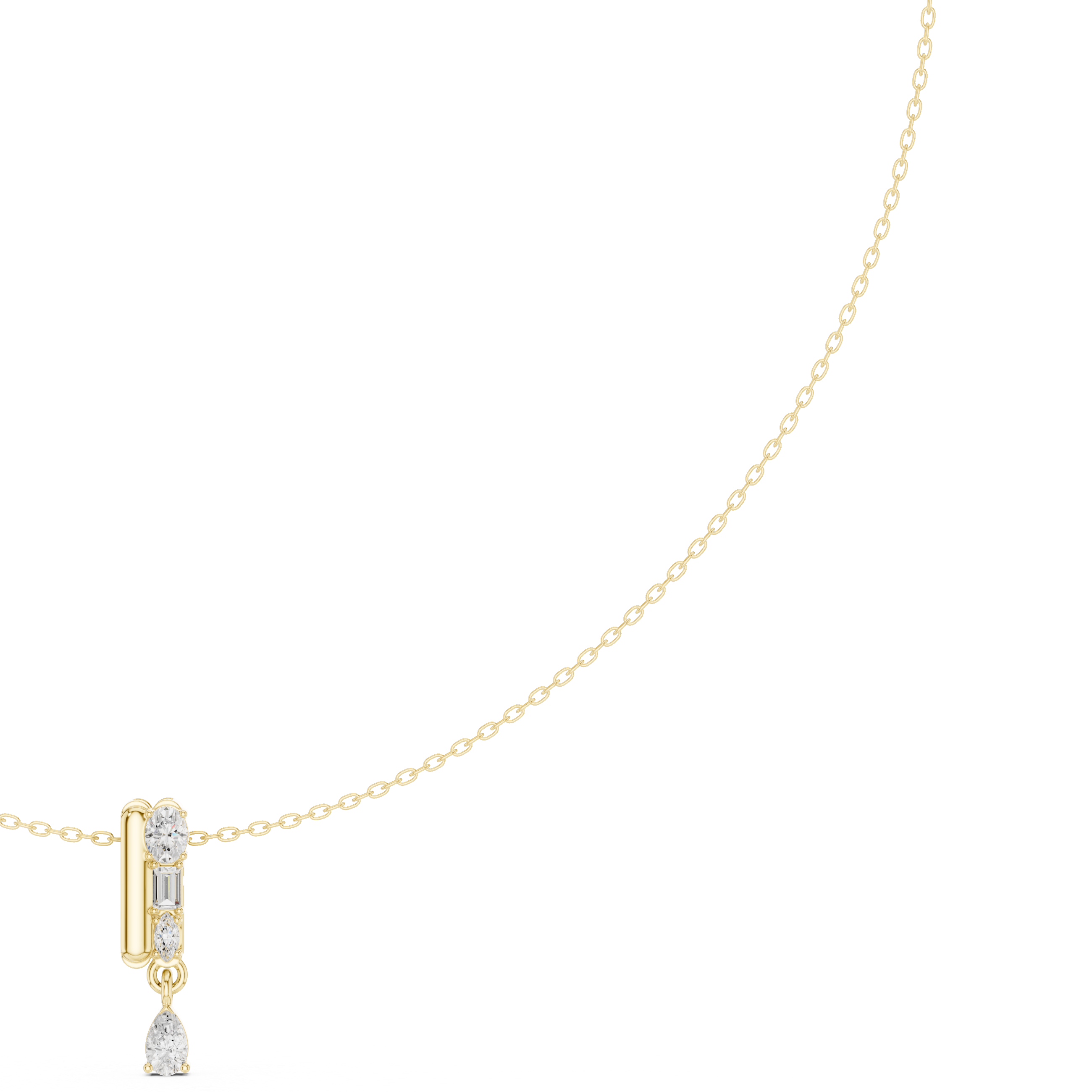 Yellow gold diamond pendant necklace with pear-shaped teardrop center stone, close-up