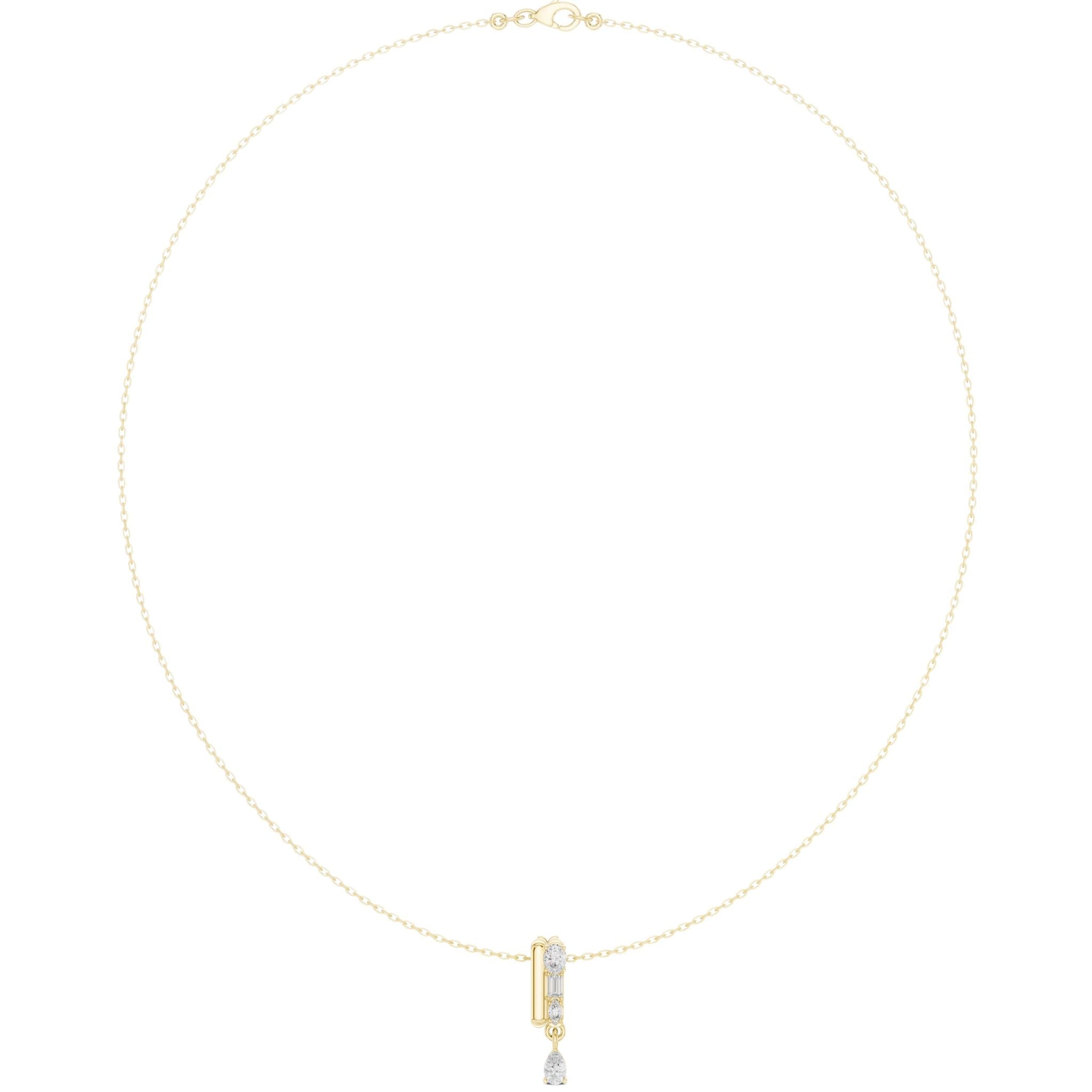 Yellow gold pear diamond pendant necklace with teardrop center stone at the neckline