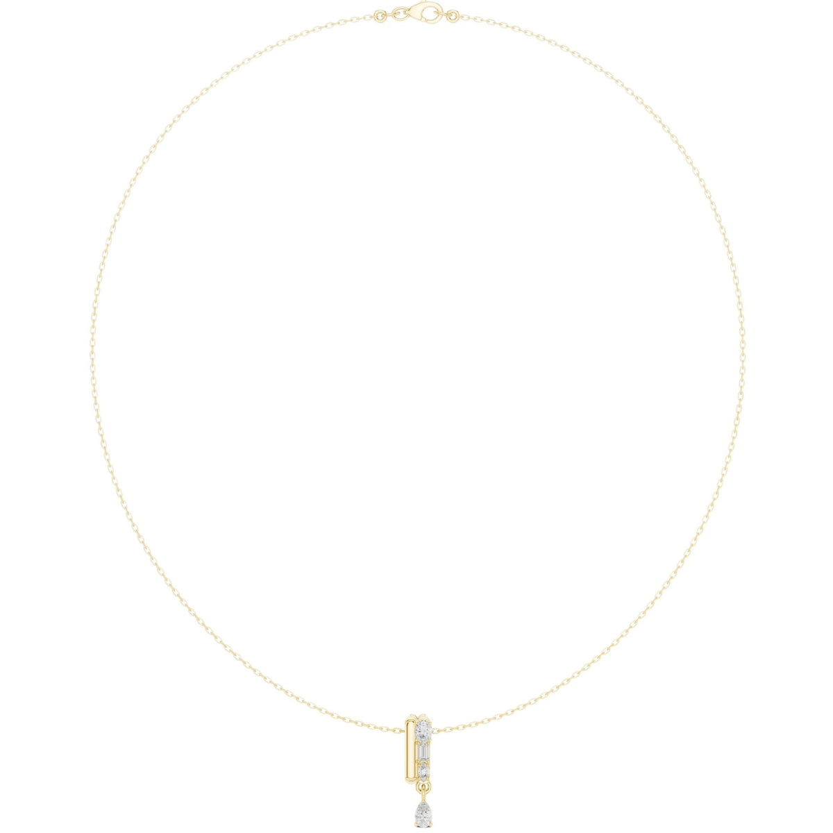 Yellow gold pear diamond pendant necklace with teardrop center stone at the neckline