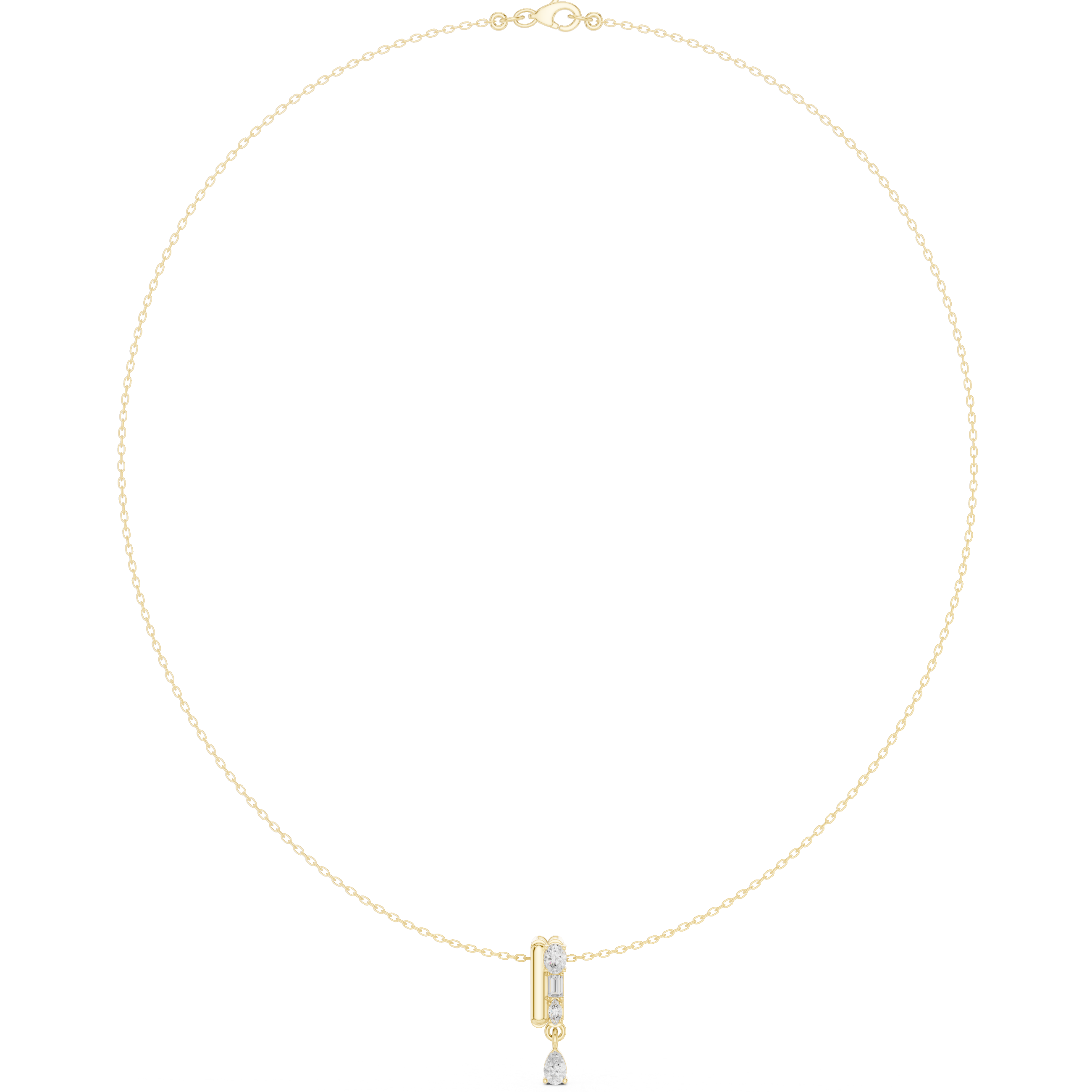 Yellow gold pear diamond pendant necklace with teardrop center stone at the neckline