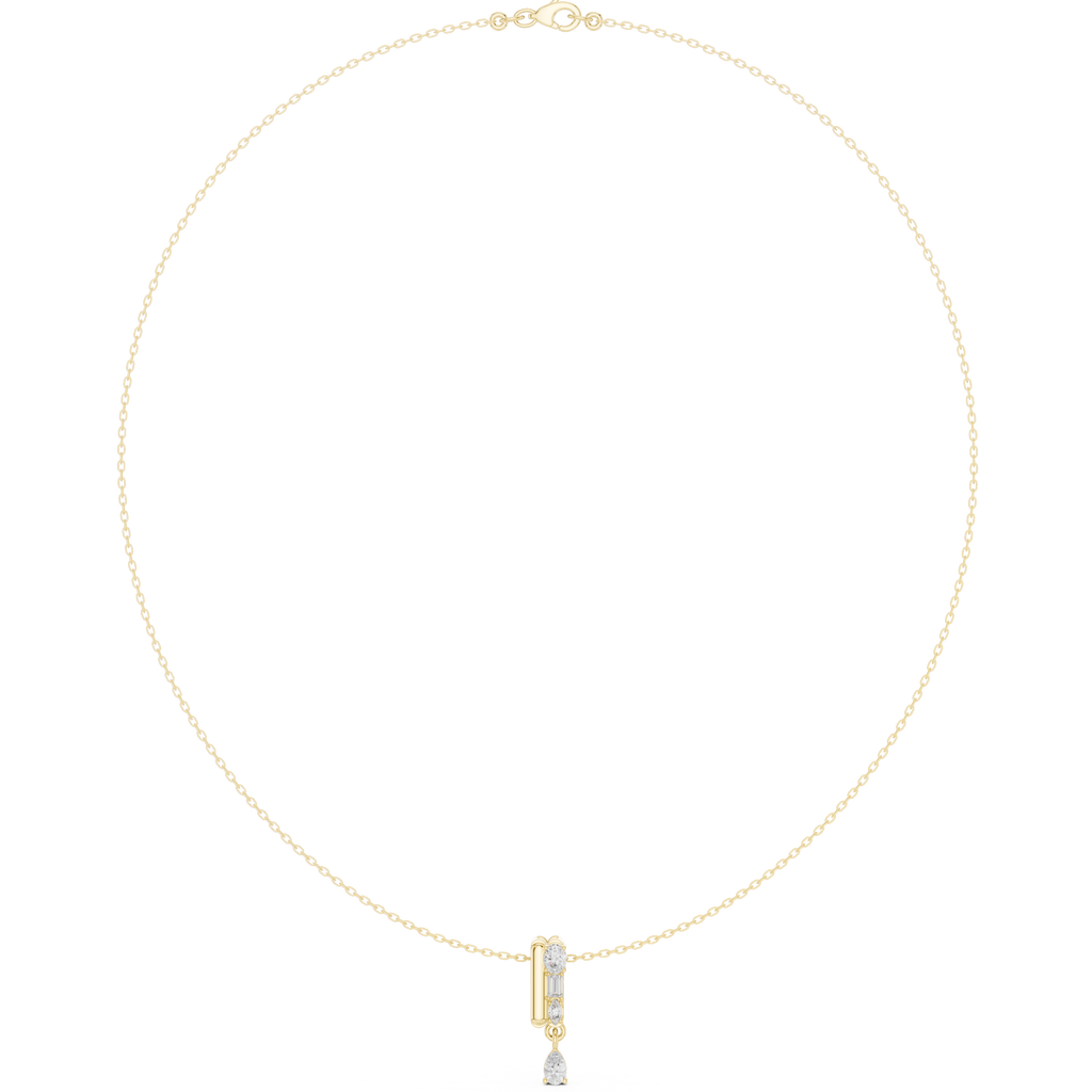 Yellow gold pear diamond pendant necklace with teardrop center stone at the neckline