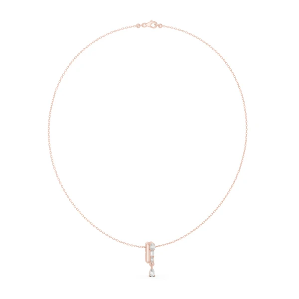 Rose gold pear diamond pendant necklace with teardrop center stone and prong setting