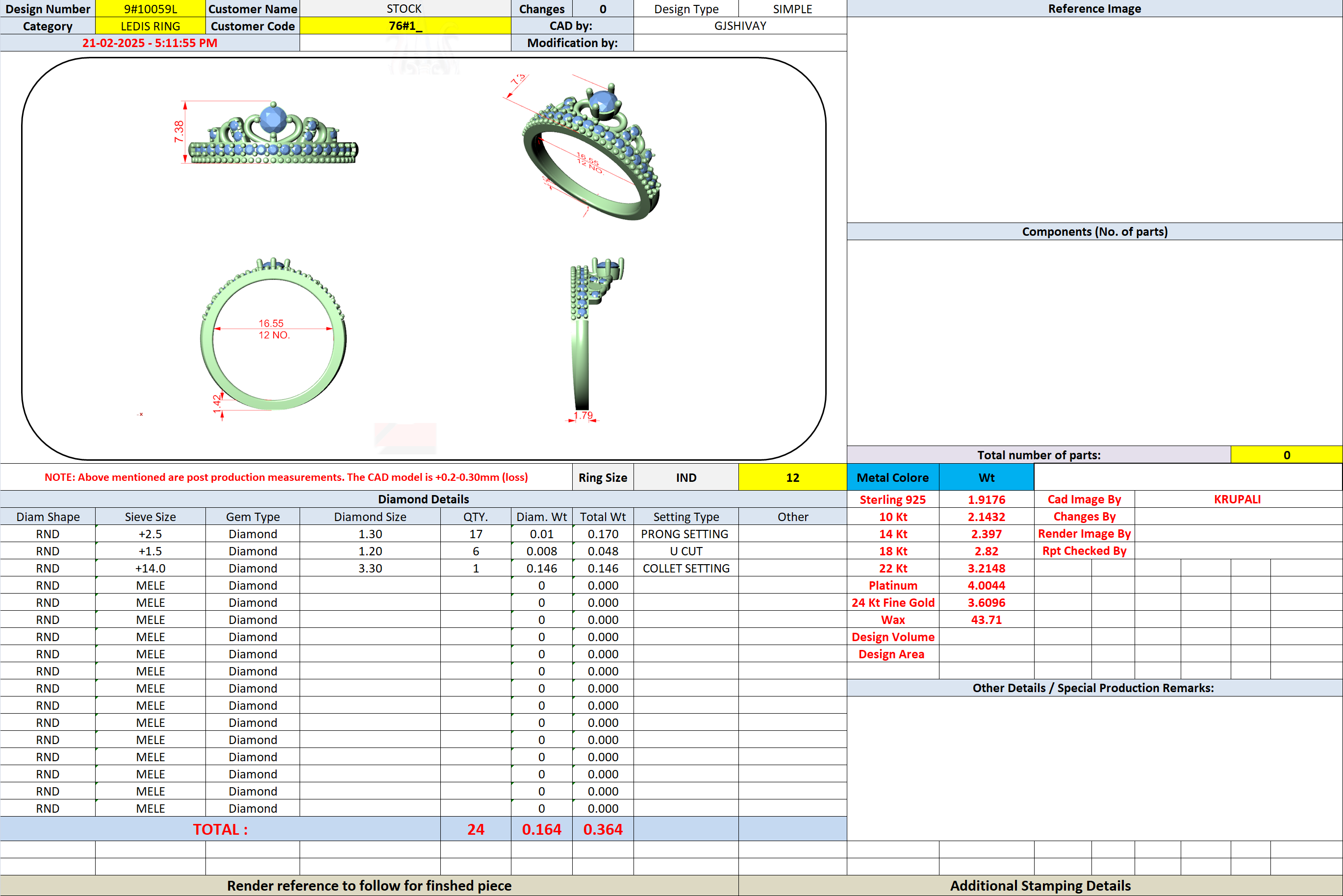 Diamond tiara crown ring specification sheet with ring dimension diagrams