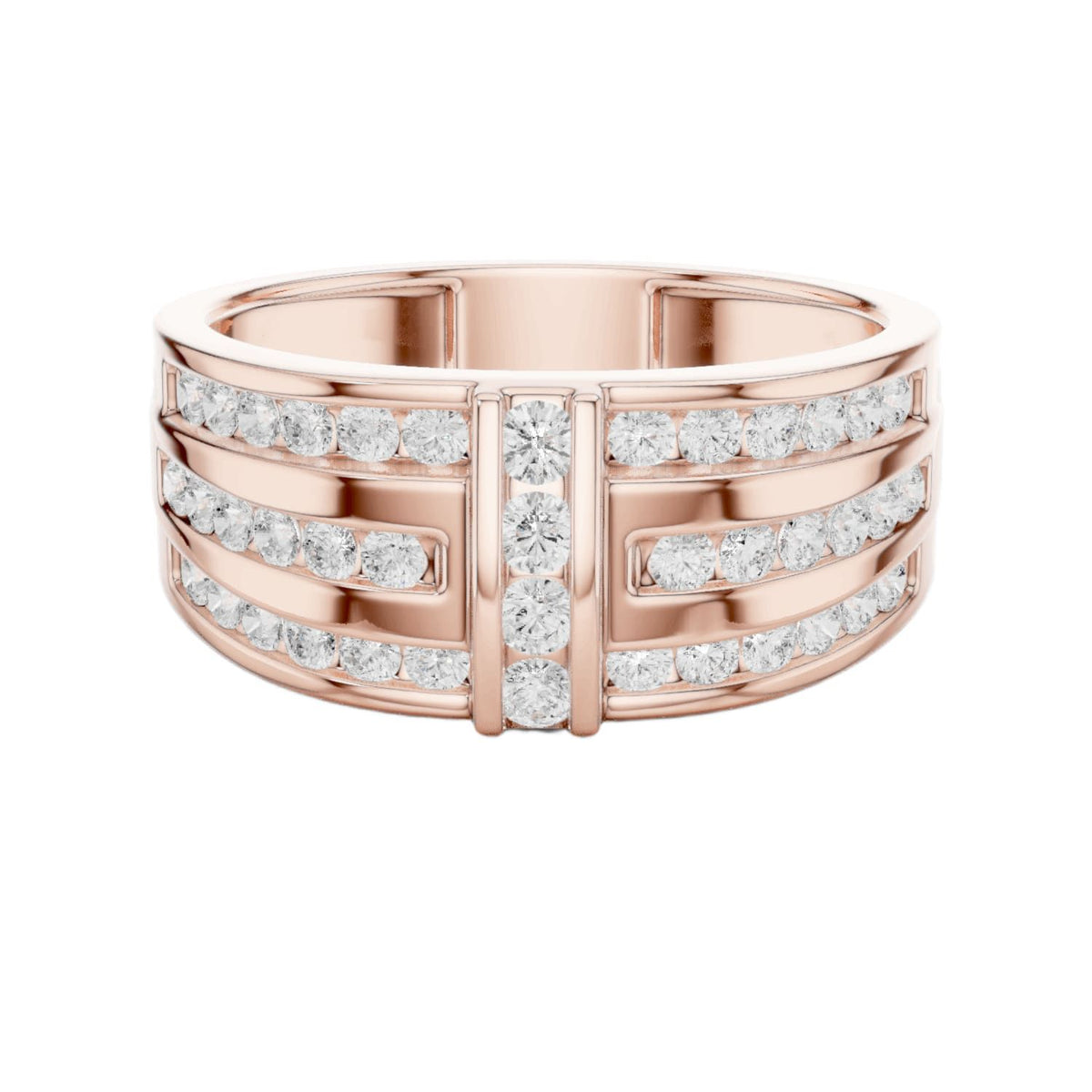 Rose gold channel diamond band with round stones and center vertical diamond row.
