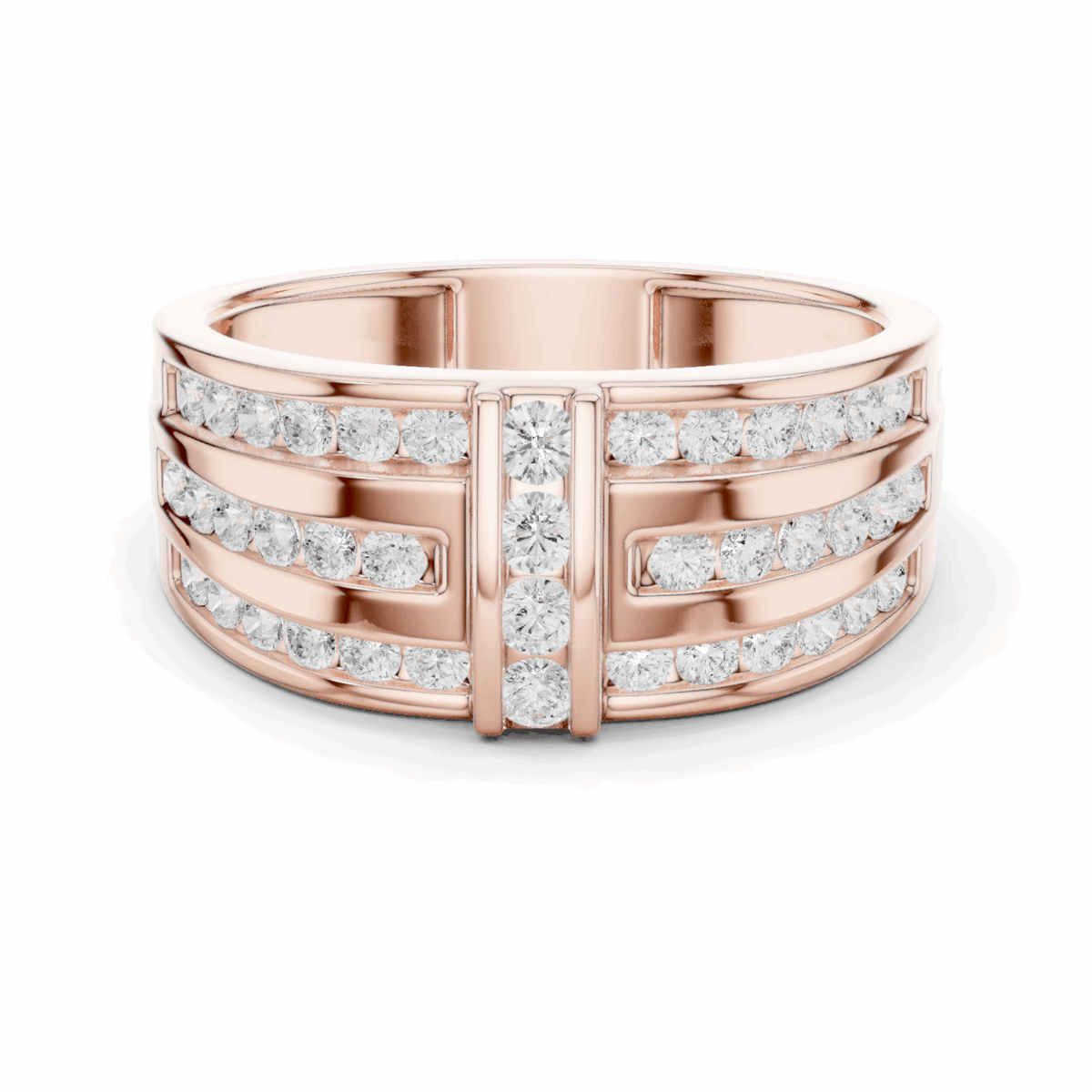 Rose gold channel diamond band with round stones and center vertical diamond row.