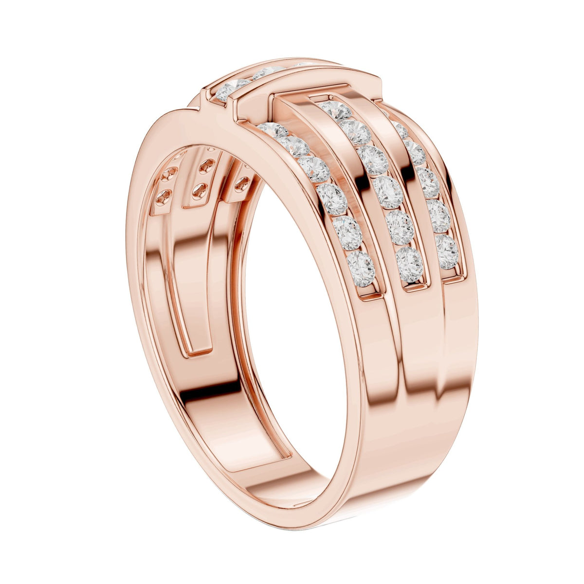 Rose gold diamond band with channel-set round stones, curved side view showing rows.