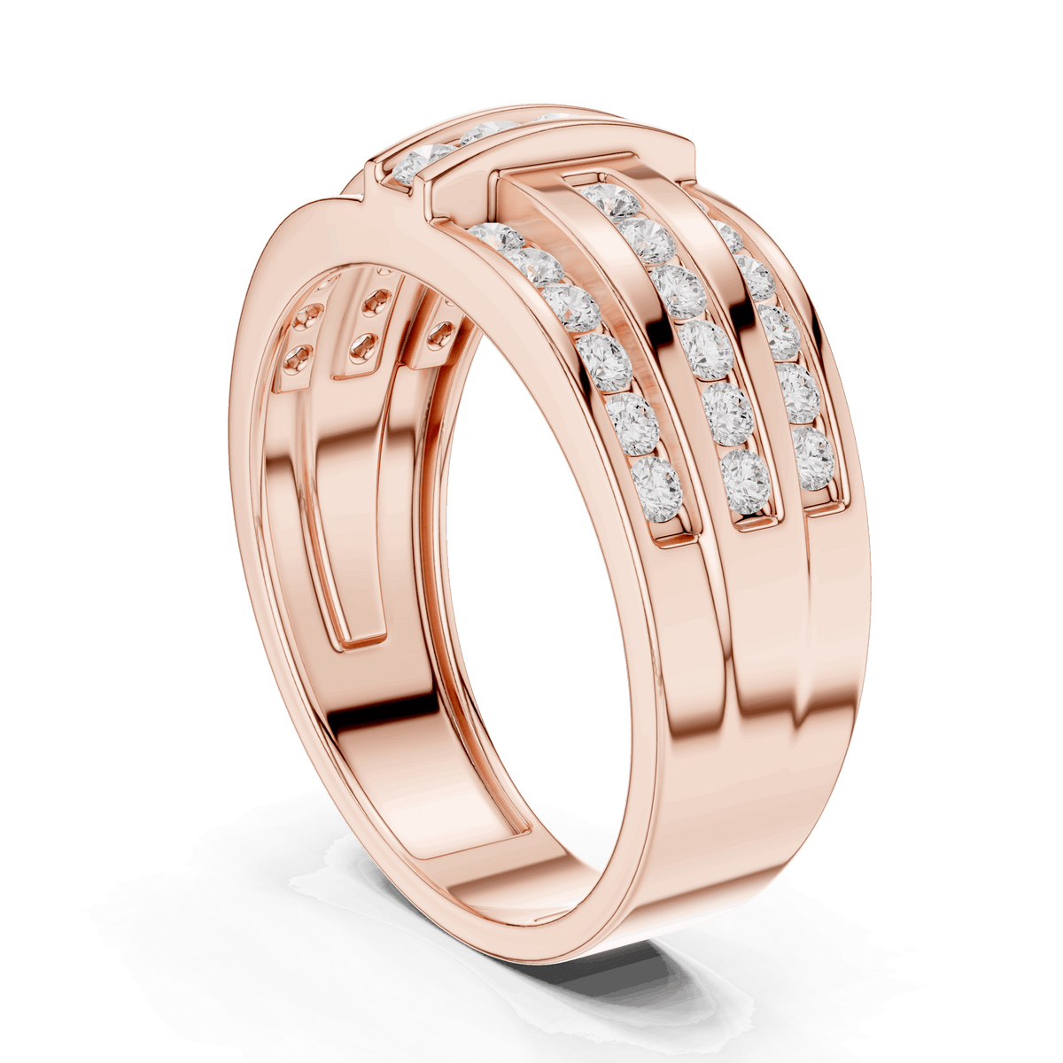 Rose gold diamond band with channel-set round stones, curved side view showing rows.
