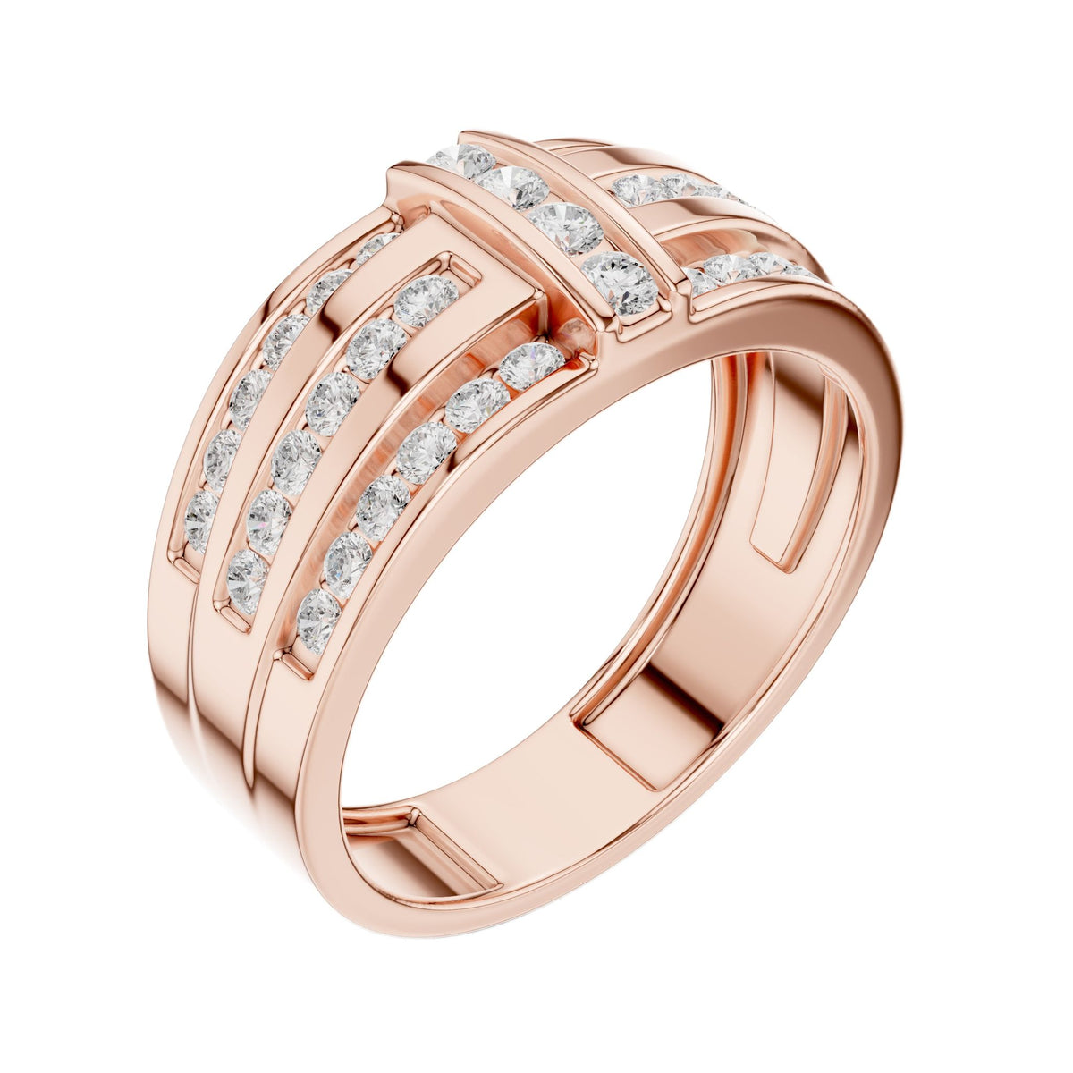 Rose gold diamond channel band ring, angled view showing round-cut diamond channel rows