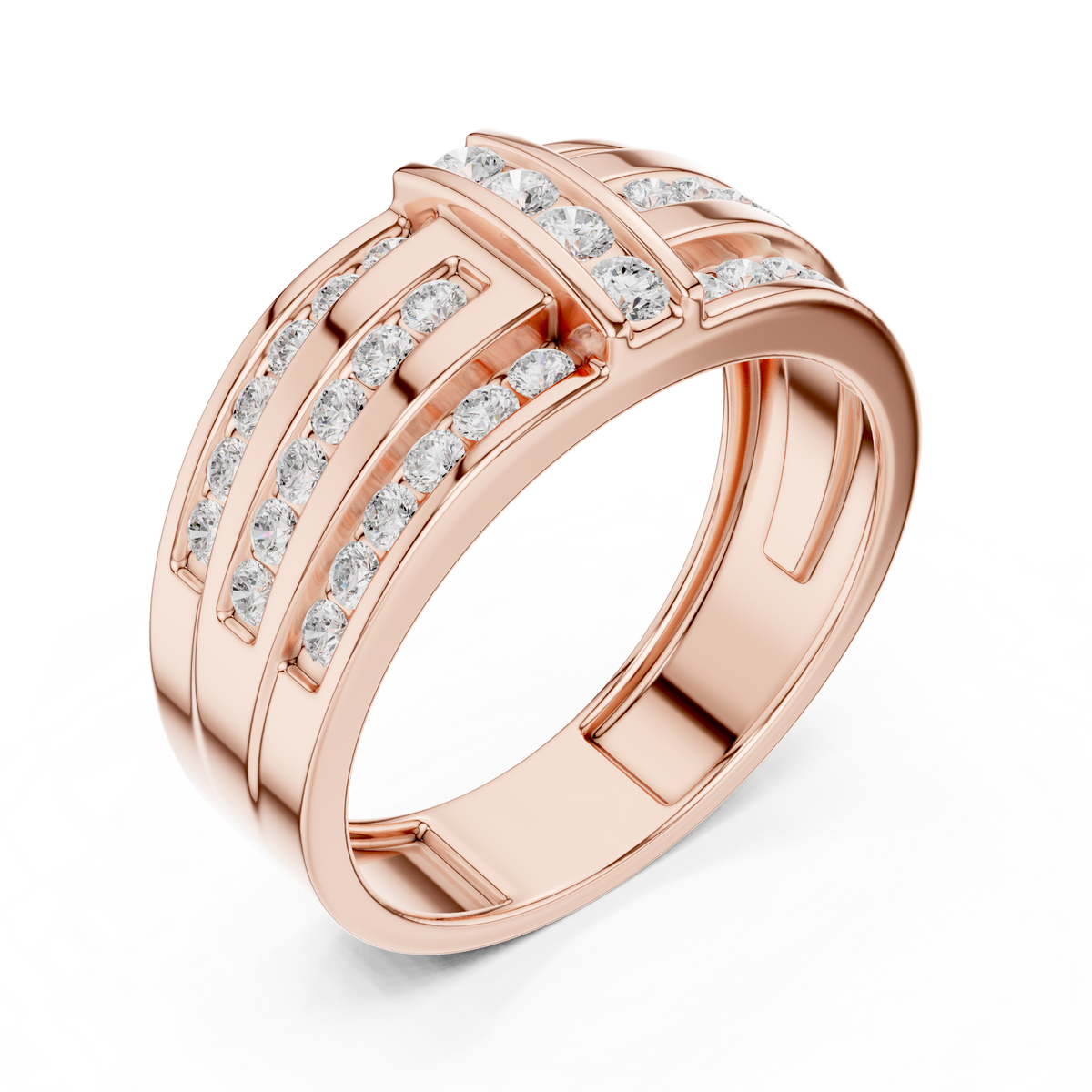 Rose gold diamond channel band ring, angled view showing round-cut diamond channel rows