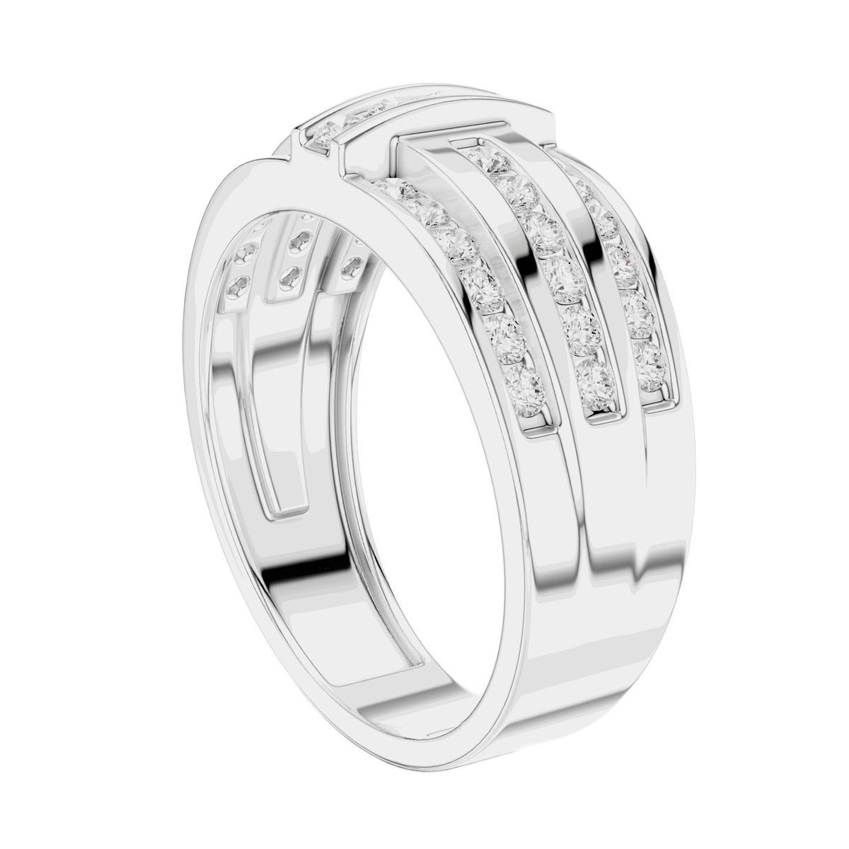 White gold diamond band with channel-set round stones, side view with center diamond.