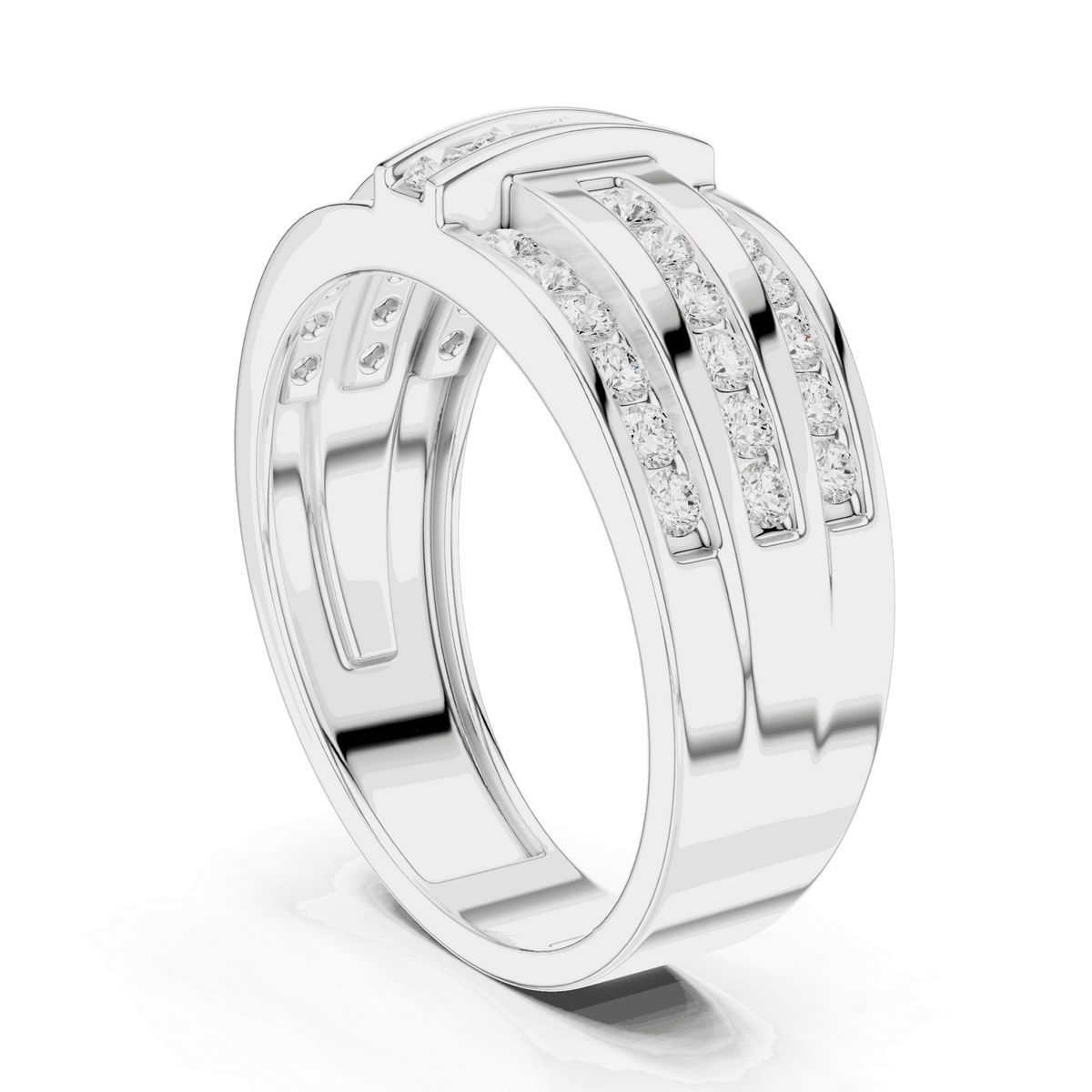 White gold diamond band with channel-set round stones, side view with center diamond.