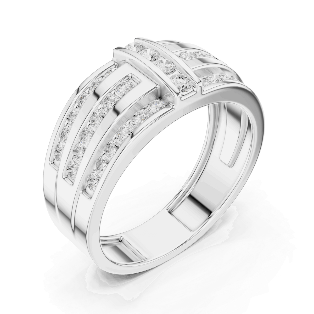 White gold channel diamond band with round stones, angled side view with stone rows.