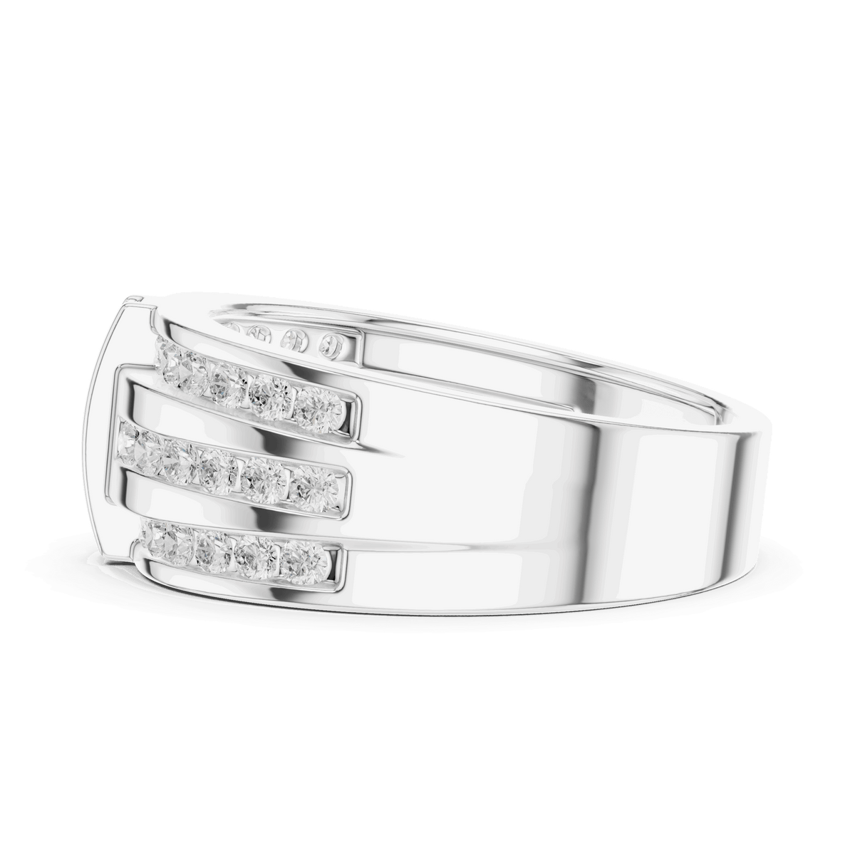 White gold diamond band, top view with channel-set round stones in a rectangular pattern.