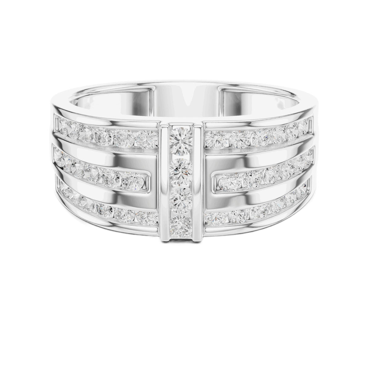 White gold channel diamond band with round stones and center vertical diamond panel.