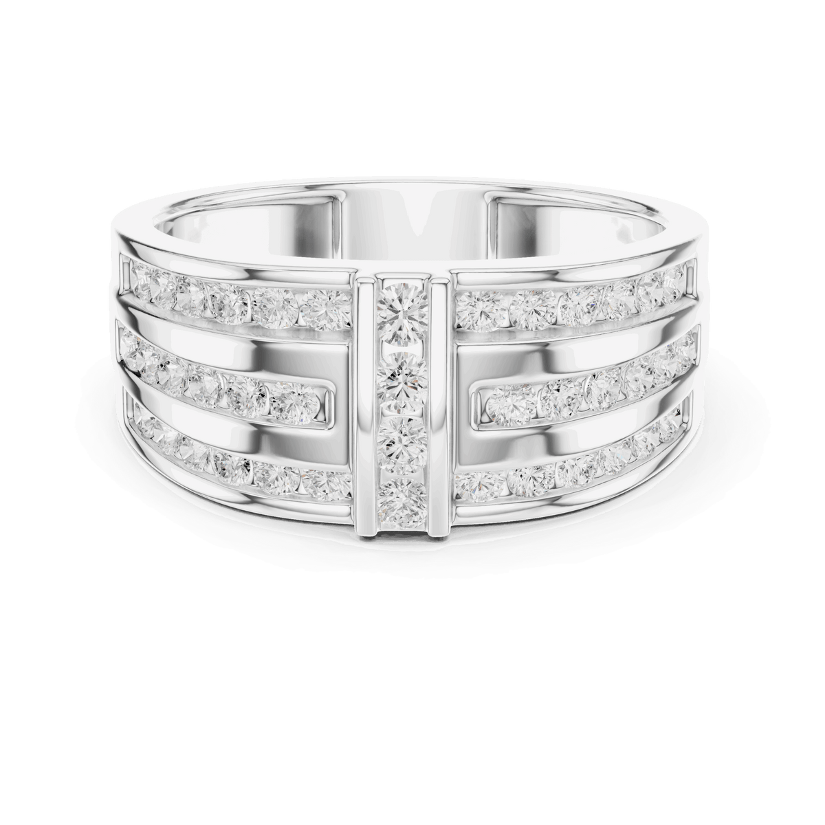 White gold channel diamond band with round stones and center vertical diamond panel.