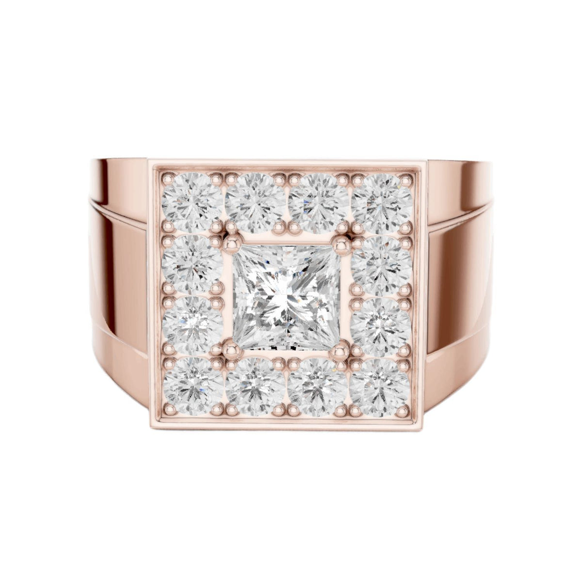 Rose gold princess-cut diamond cluster ring with square bezel and halo prong accents