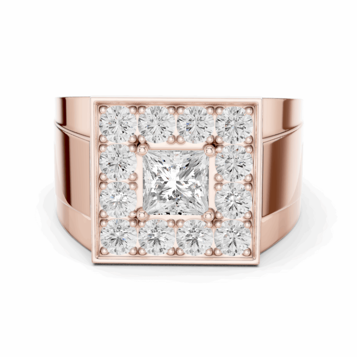 Rose gold princess-cut diamond cluster ring with square bezel and halo prong accents