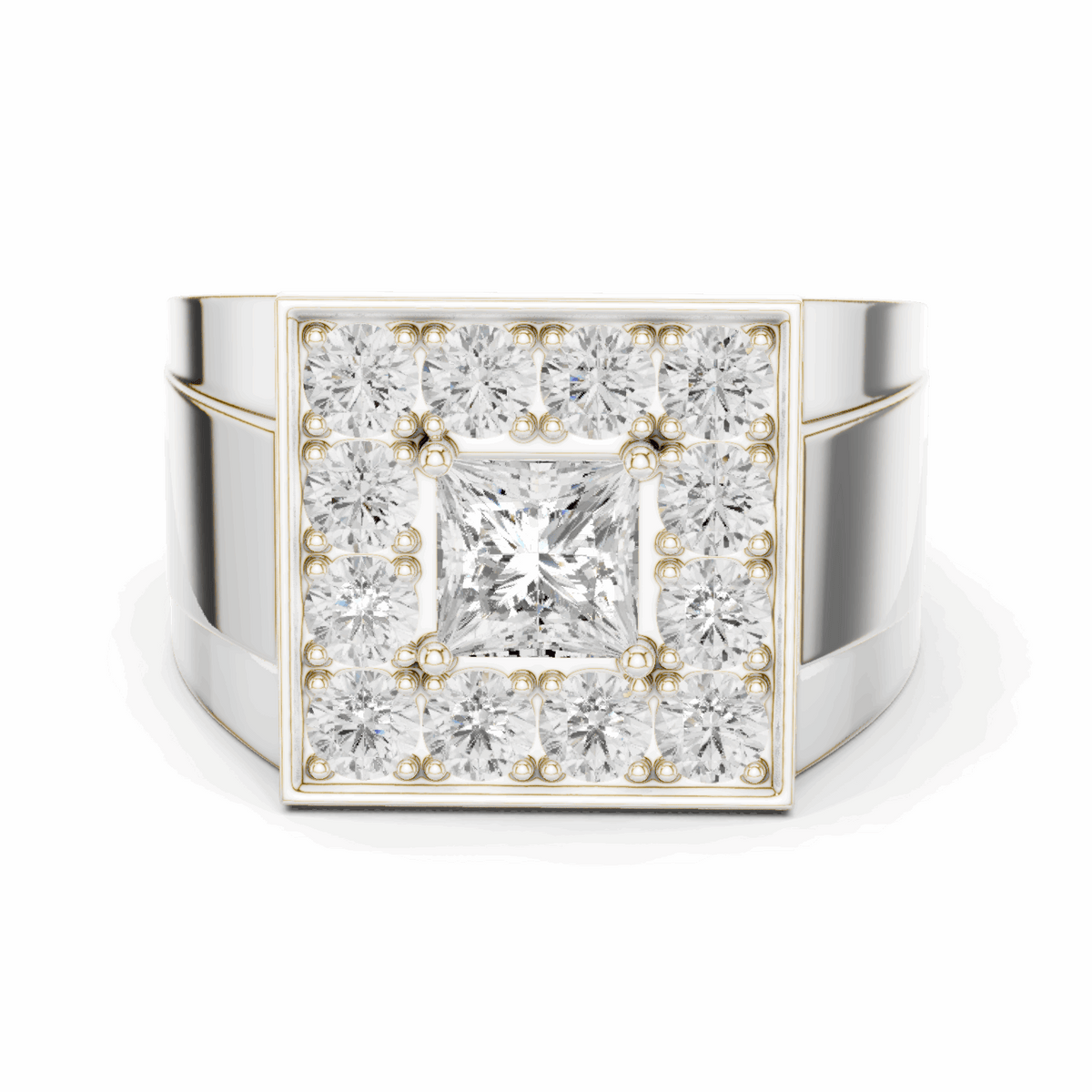 White gold princess-cut diamond cluster ring with square center stone and halo detail