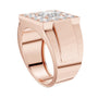 Rose gold princess-cut diamond cluster ring, angled side view of split shank and bezel