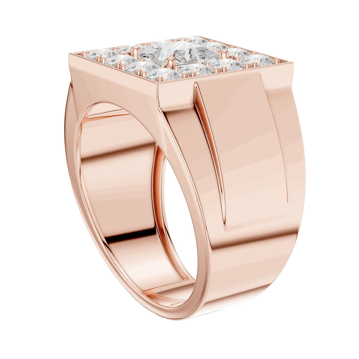 Rose gold princess-cut diamond cluster ring, angled side view of split shank and bezel