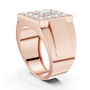 Rose gold princess-cut diamond cluster ring, angled side view of split shank and bezel