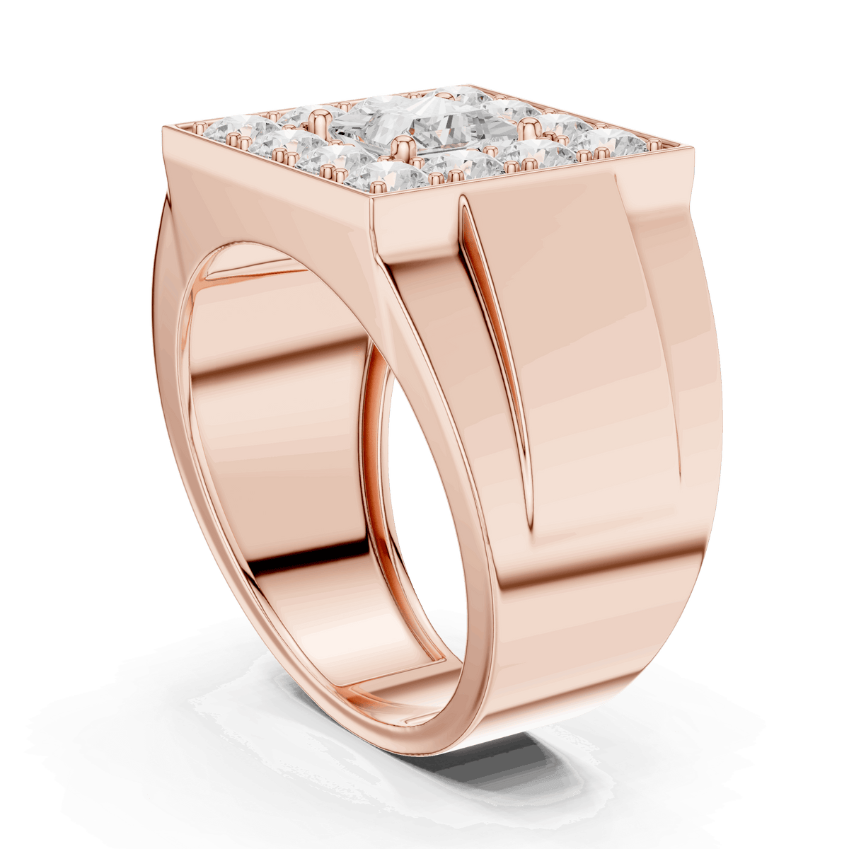 Rose gold princess-cut diamond cluster ring, angled side view of split shank and bezel