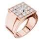 Rose gold princess-cut diamond ring with large center stone and halo of diamonds