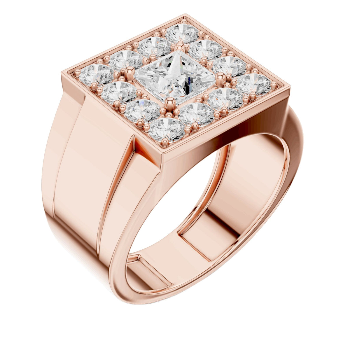 Rose gold princess-cut diamond ring with large center stone and halo of diamonds