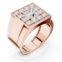 Rose gold princess-cut diamond ring with large center stone and halo of diamonds