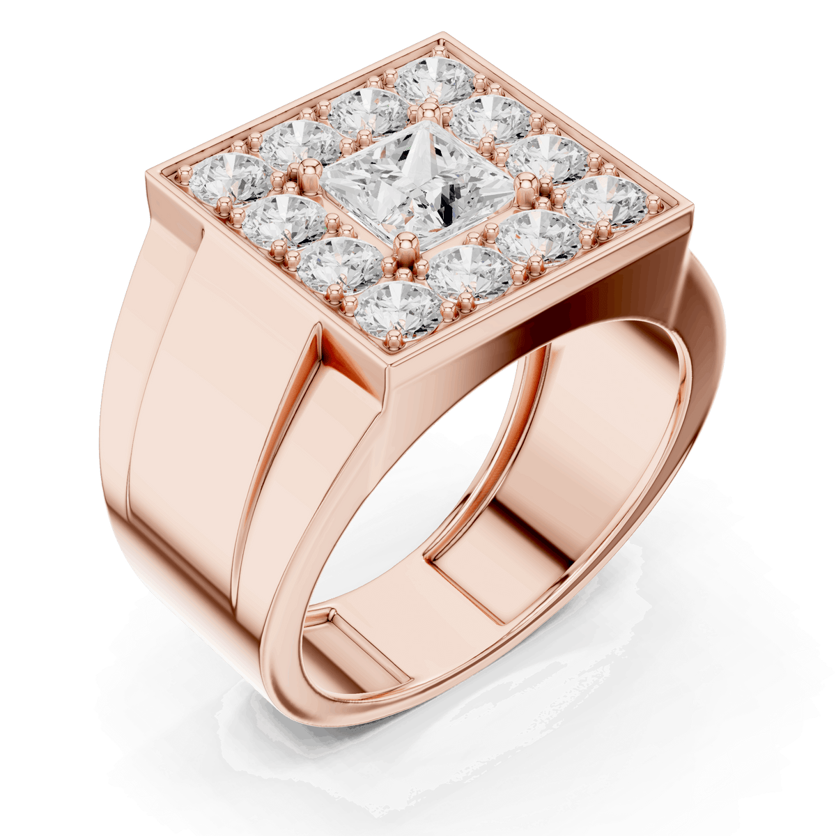 Rose gold princess-cut diamond ring with large center stone and halo of diamonds