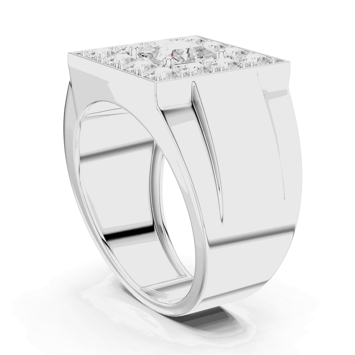 White gold princess-cut diamond cluster ring, side profile showing split shank