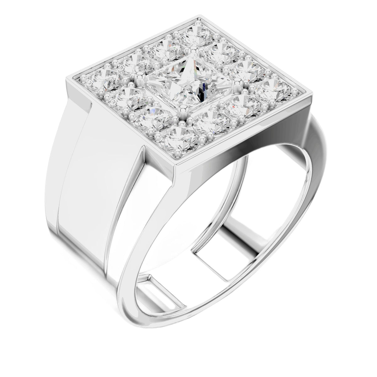 White gold princess-cut diamond cluster ring, 3/4 side view of raised rectangular setting