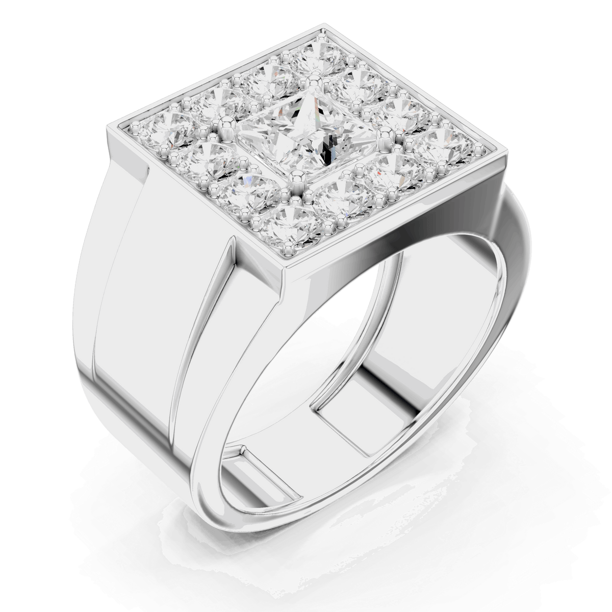 White gold princess-cut diamond cluster ring, 3/4 side view of raised rectangular setting