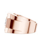 Rose gold princess-cut diamond ring with engraved open band and side stones