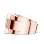 Rose gold princess-cut diamond ring with engraved open band and side stones