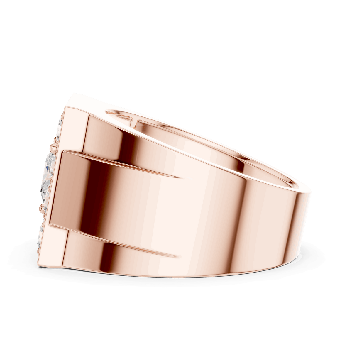 Rose gold princess-cut diamond ring with engraved open band and side stones