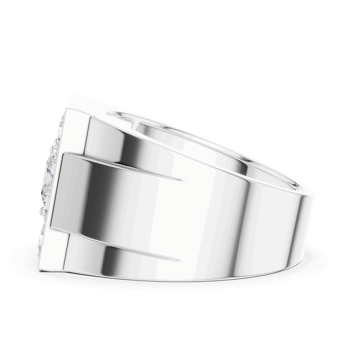 White gold princess-cut diamond cluster ring, angled underside view of the band